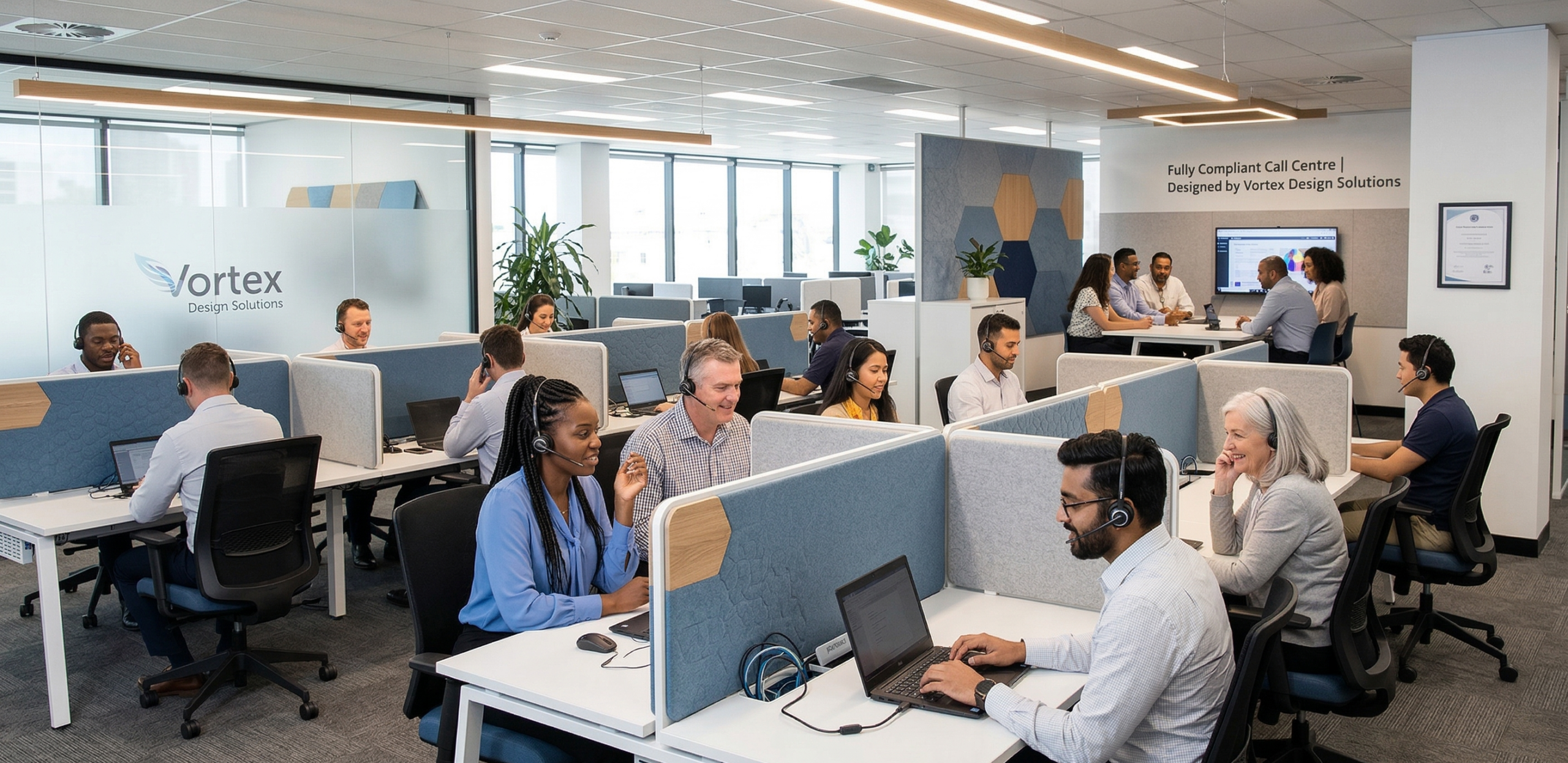 Modern turnkey call centre fitout by Vortex Design Solutions showing compliant acoustic partitions.